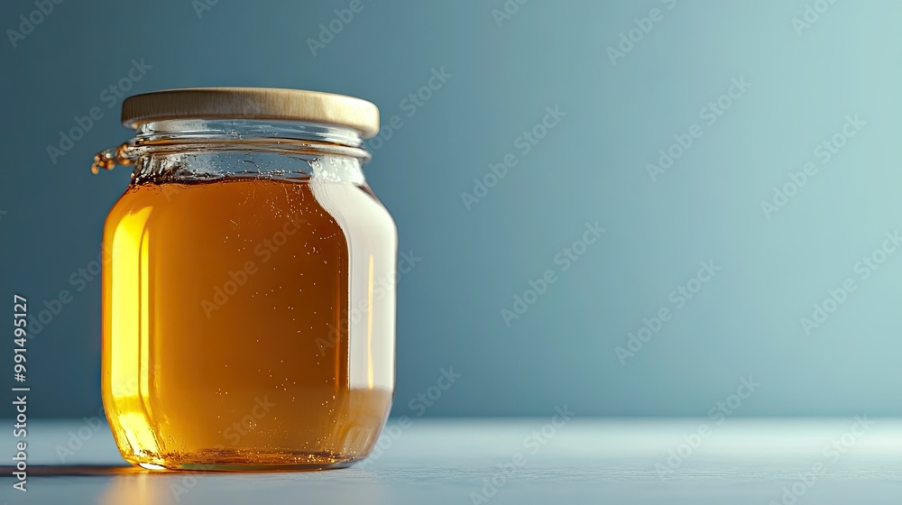 Close-up of a jar of honey with a simple, clear background providing ample room for copy. Close-up of a jar of honey with a simple, clear background providing ample room for copy.