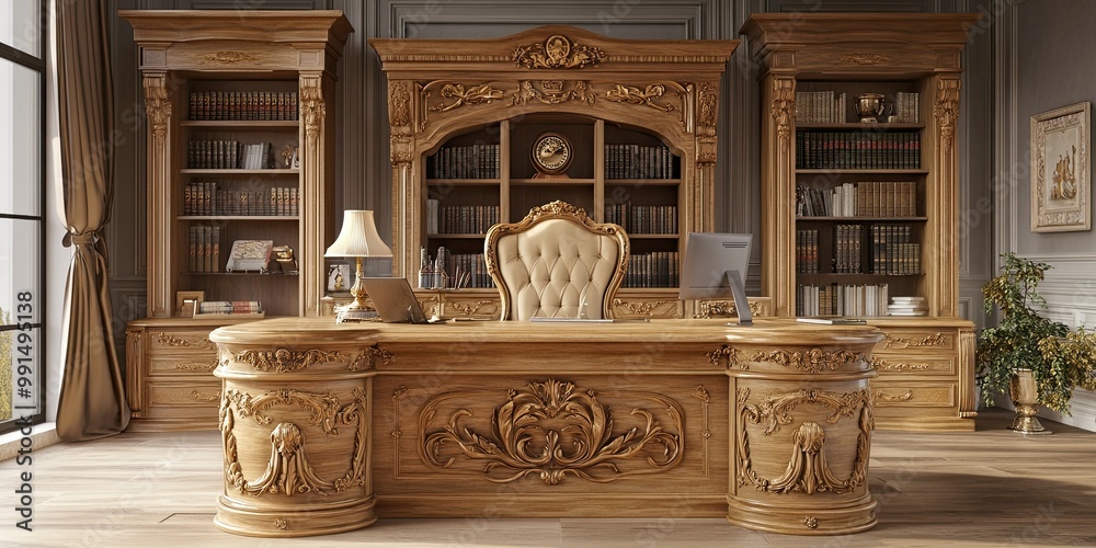 set furniture light yellow oak wooden desk and chairs varnished with classic carving in light grey room with wooden bookself curved wall and royal carving and elegant wooden floor set furniture light yellow oak wooden desk and chairs varnished with classic carving in light grey room with wooden bookself curved wall and royal carving and elegant wooden floor