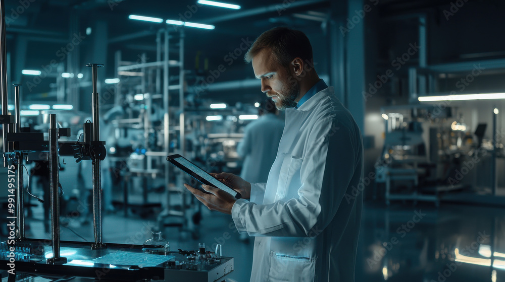 A focused scientist in a lab coat examines data on a tablet amidst a high-tech manufacturing environment. A focused scientist in a lab coat examines data on a tablet amidst a high-tech manufacturing environment.
