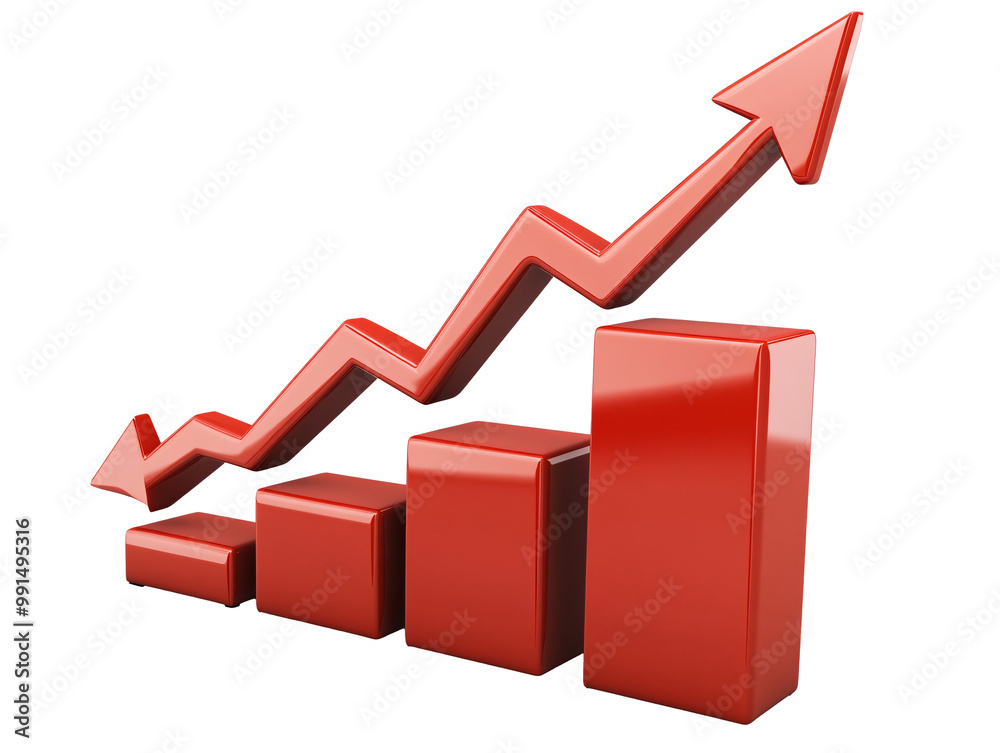 a red graph with a arrow pointing up a red graph with a arrow pointing up