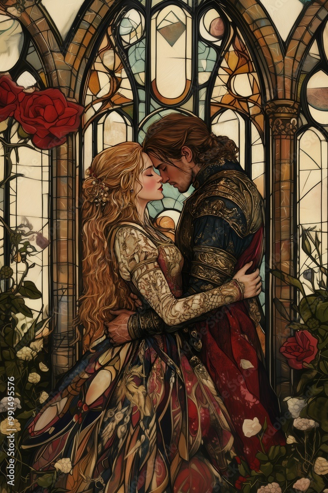 Obraz premium Romantic embrace between a couple in a stained glass setting during a serene moment