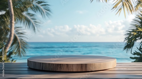 Summer product display on wooden podium at sea tropical beach : Generative AI