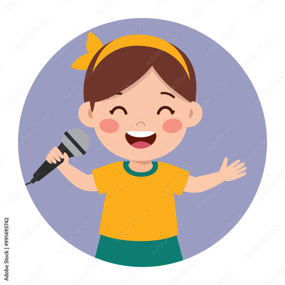 Happy cute kid girl sing a song with a microphone Illustration Happy cute kid girl sing a song with a microphone Illustration