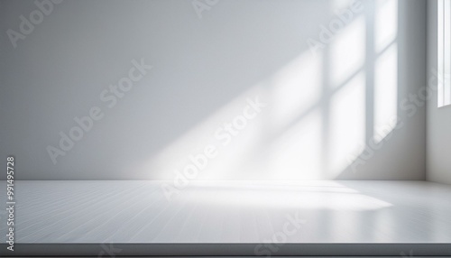 Abstract white studio background for product presentation. Empty room with shadows of window. Display product with blurred backdrop. Soft focus