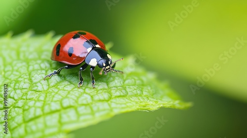 Close-up of a ladybug on a green leaf, with a large open background area for text. -