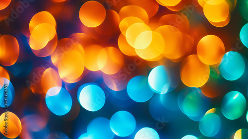 An abstract photograph of orange, blue, and green colorful led lights 