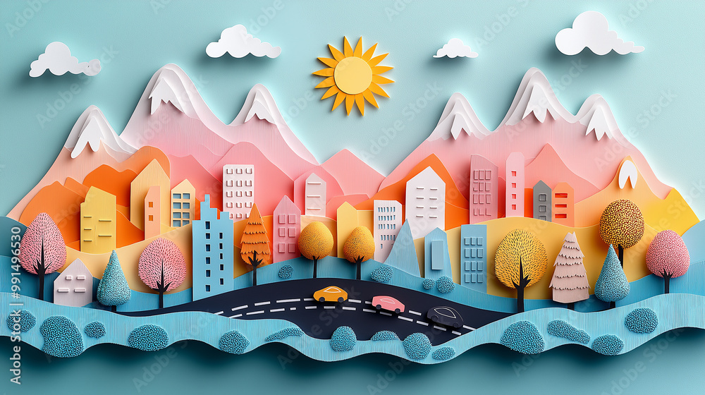 Fototapeta premium A cute cartoon vector illustration of: A car road trip ,paper cut style pastel color Trees, flowers on both sides of the road, and mountains in the background,greetingcard.