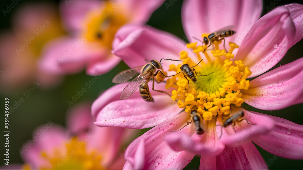 Bees gathering nectar from pink flowers during a sunny afternoon in spring Bees gathering nectar from pink flowers during a sunny afternoon in spring