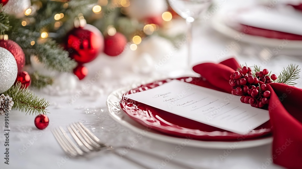 From above red holiday place setting with empty menu on white tablecloth : Generative AI From above red holiday place setting with empty menu on white tablecloth : Generative AI