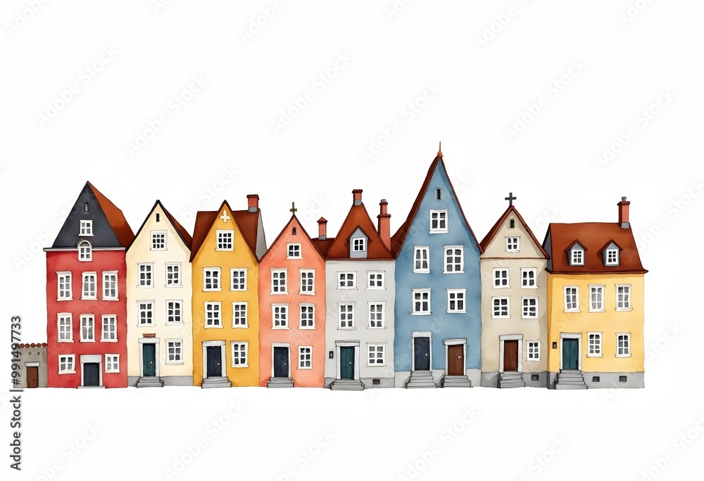 Naklejka premium Set of houses. Watercolor hand painted illustration 