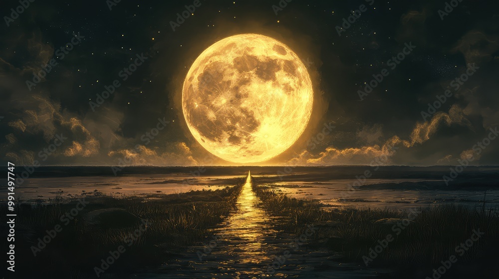 A poetic golden path extends across a dark landscape to a bright, large golden moon on the horizon, creating a stunning contrast in the night A poetic golden path extends across a dark landscape to a bright, large golden moon on the horizon, creating a stunning contrast in the night