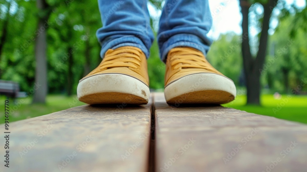 A person wearing yellow sneakers standing on a wooden bench, AI A person wearing yellow sneakers standing on a wooden bench, AI