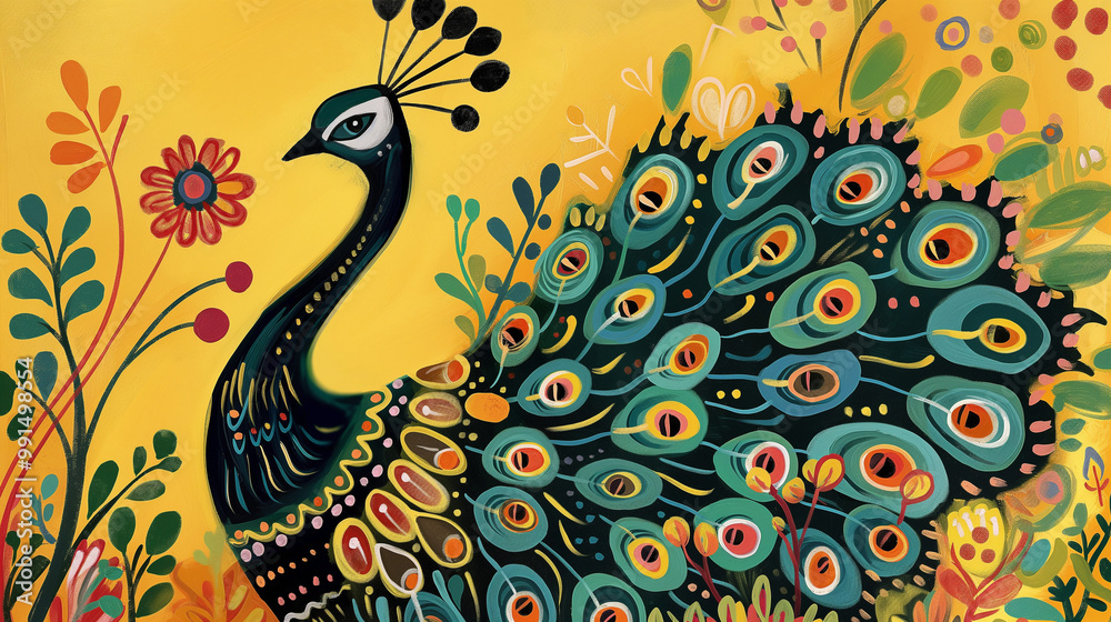 Obraz premium A bizarre gouache illustration depicting a peacock outlined in black, with bright colors and patterns