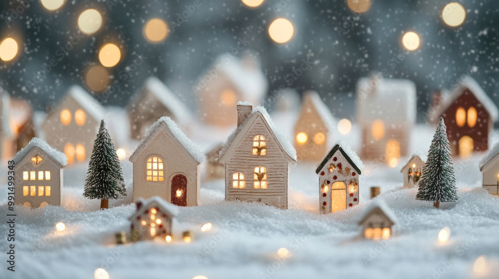 A charming winter scene featuring miniature houses blanketed in snow, illuminated warmly from within. soft snowfall and glowing lights create cozy, festive atmosphere A charming winter scene featuring miniature houses blanketed in snow, illuminated warmly from within. soft snowfall and glowing lights create cozy, festive atmosphere
