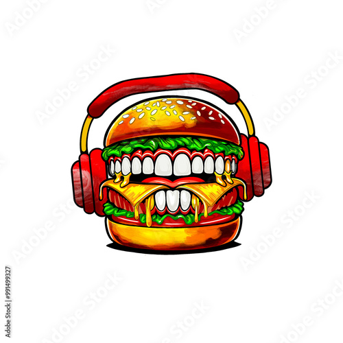 Creative Burger Character with Headphones – Vector Illustration