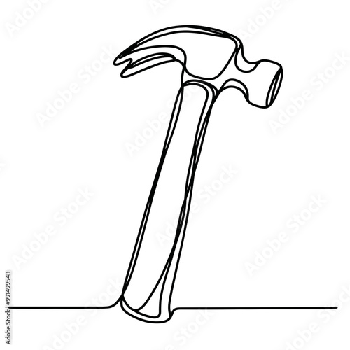 A hammer is shown in a black and white drawing. The hammer is the only object in the image, and it is the main focus of the drawing. The image has a simple and minimalist style