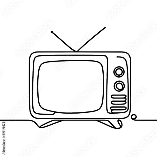 A black and white television with a remote control. The television is turned off