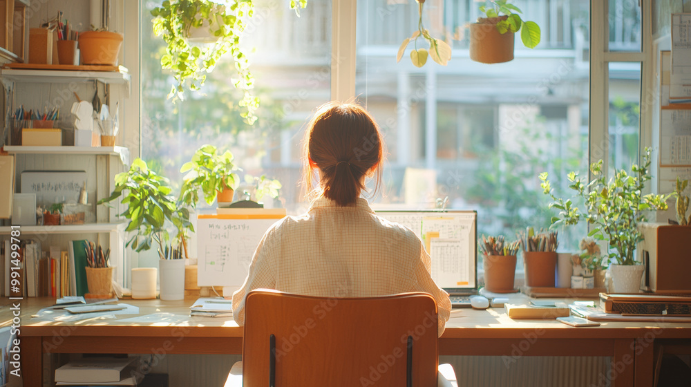 A serene workspace filled with plants, sunlight streaming through window, and person focused on their computer. This cozy environment promotes creativity and productivity A serene workspace filled with plants, sunlight streaming through window, and person focused on their computer. This cozy environment promotes creativity and productivity