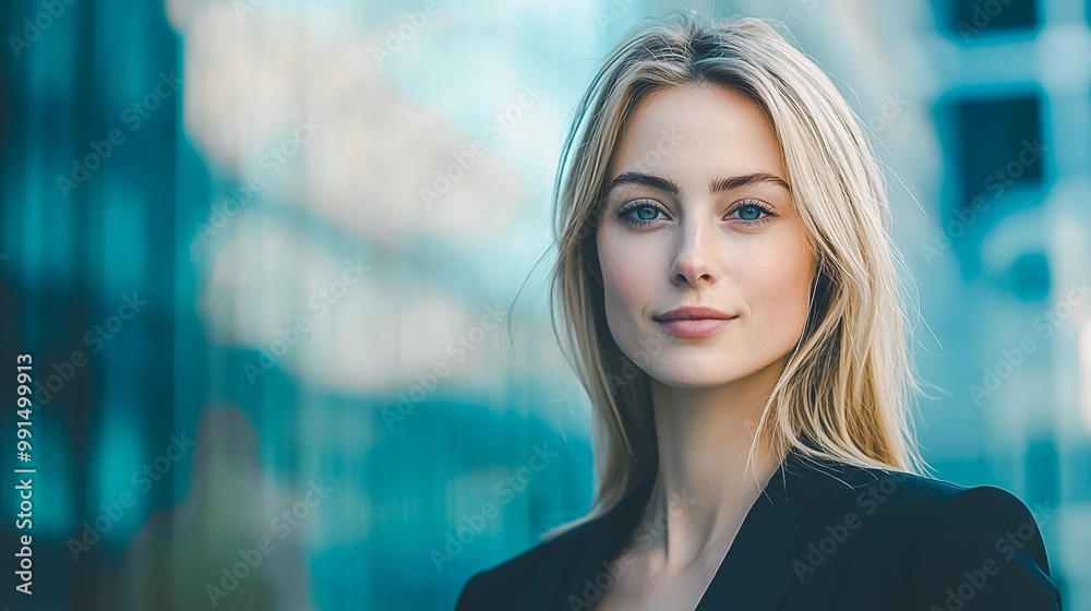 Fototapeta premium Confident and Poised Businesswoman Smiling Professionally at the in a Corporate Office Environment with Technology and Workspace Accessories