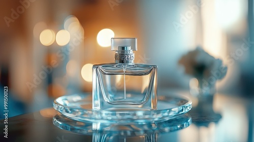 Close-up of a perfume bottle on a glass tray, with a clean, blurred background providing ample copy space.