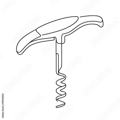 A simple line drawing of a corkscrew. The corkscrew is shown in a vertical position, with the handle and the spiral winding around the cork. Concept of simplicity and elegance