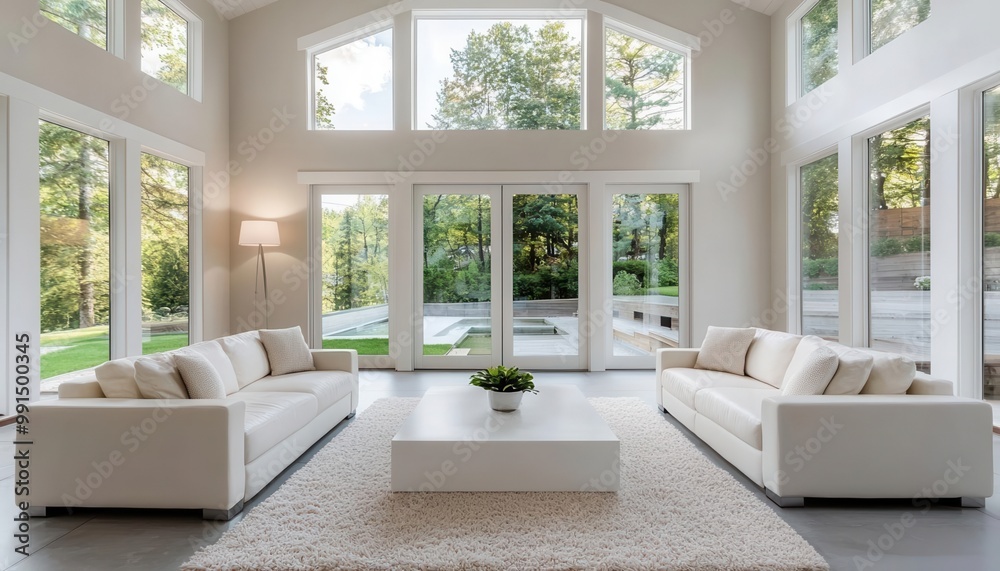Naklejka premium Bright living room with white furniture, open windows, and plenty of natural light, [room , furniture , bright], [fresh and invigorating],