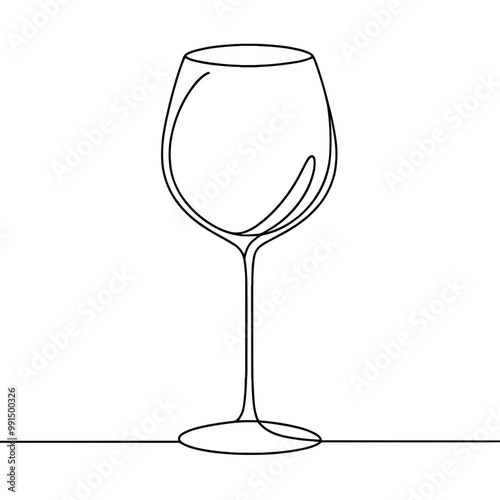 A wine glass is drawn in a lineart style. The glass is empty and has a stem. Concept of elegance and sophistication, as wine glasses are often associated with fine dining and special occasions