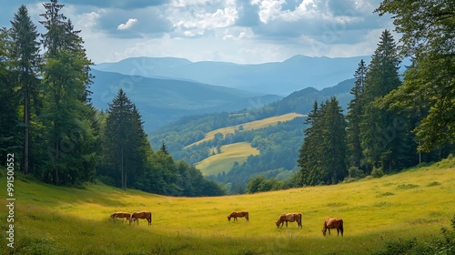 Summer trees and pasture in a beautiful mountain landscapeSummer landscape in Sadecki Beskids Poland : Generative AI photo