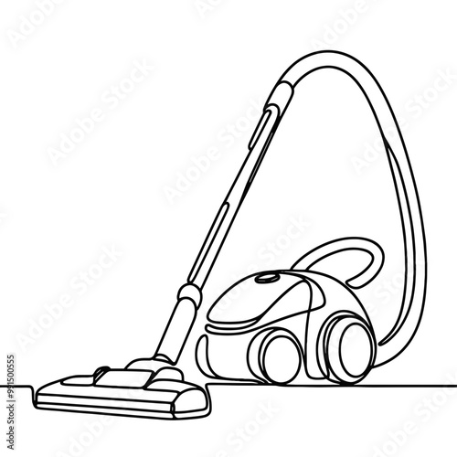 A vacuum cleaner is shown in a black and white drawing. The vacuum cleaner is a large, black and white model with a long handle. Concept of cleanliness and orderliness