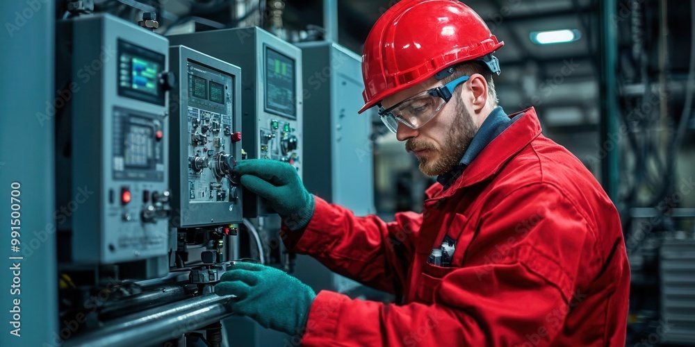 Engineer performing calibration checks on a manufacturing machine to ensure quality output, calibration control, machinery quality assurance, Engineer performing calibration checks on a manufacturing machine to ensure quality output, calibration control, machinery quality assurance,