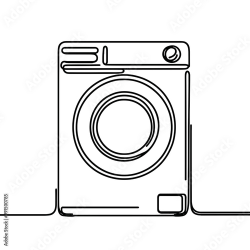 A black and white drawing of a washing machine. The drawing is simple and clean, with no color. The washing machine is the main focus of the image, and it is a modern appliance