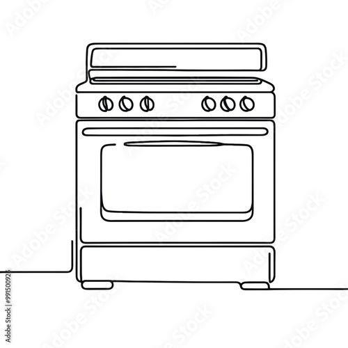 A stove with four burners and a door. The stove is white and black. The stove is a simple drawing