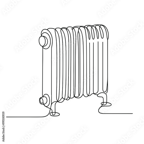 A black and white drawing of a radiator. The radiator is a long, thin object with a black handle. Concept of warmth and comfort, as the radiator is often associated with heating a room