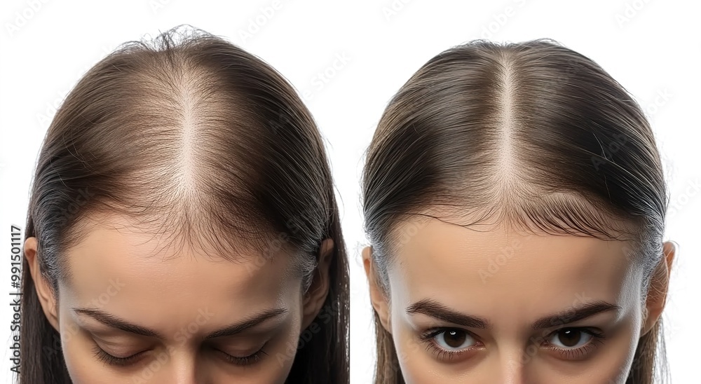 A before and after photograph showing hair growth on the top part of a female head, where there was previously baldness. A before and after photograph showing hair growth on the top part of a female head, where there was previously baldness.