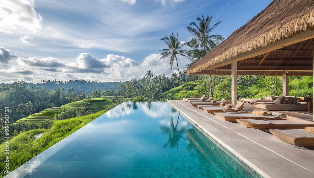 Obraz premium This image captures a luxurious, tranquil infinity pool at a high-end resort, boasting breathtaking views over a serene lake and distant mountains. The resort features traditional stonework,