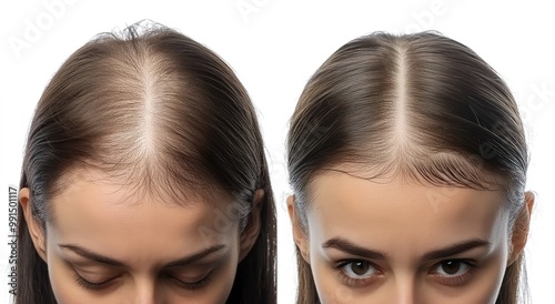 A before and after photograph showing hair growth on the top part of a female head, where there was previously baldness. 