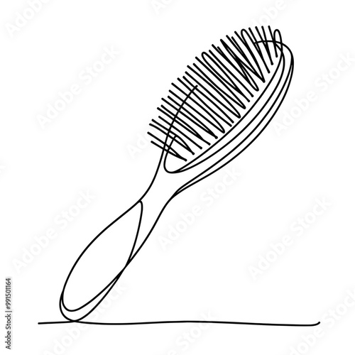 A brush with a wooden handle is shown in a black and white drawing. The brush is the main focus of the image, and it is a hairbrush