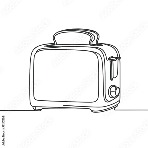 A toaster is shown in a black and white drawing. The toaster is sitting on a table and has a handle on top. The image has a simple and clean look, with the focus on the toaster itself