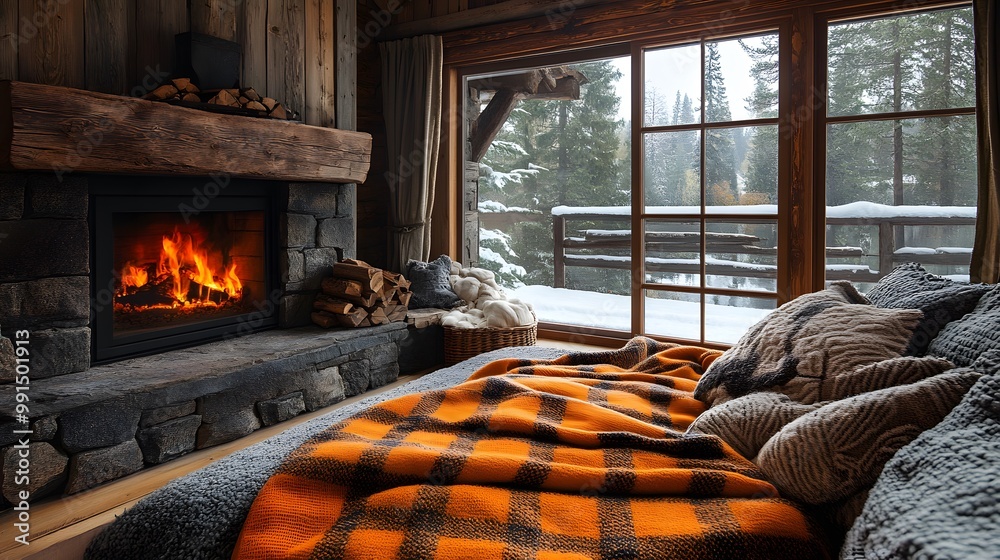 Rustic cabin decor with soft throws and a wood fireplace Rustic cabin decor with soft throws and a wood fireplace