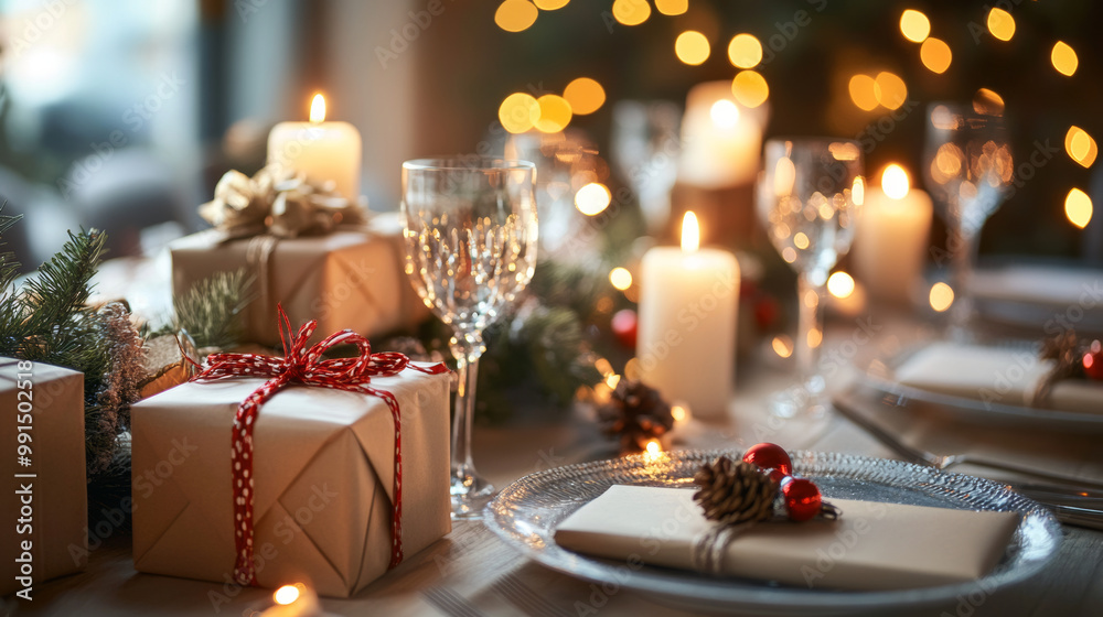 A beautifully arranged festive table featuring wrapped gifts, candles, and elegant glassware, creating warm and inviting atmosphere for holiday celebrations