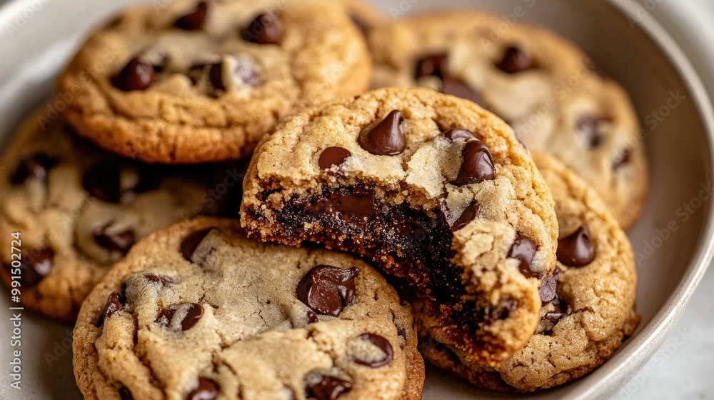 Close-up of a plate of classic chocolate chip cookies with a few broken in half, revealing gooey chocolate chips inside. Close-up of a plate of classic chocolate chip cookies with a few broken in half, revealing gooey chocolate chips inside.