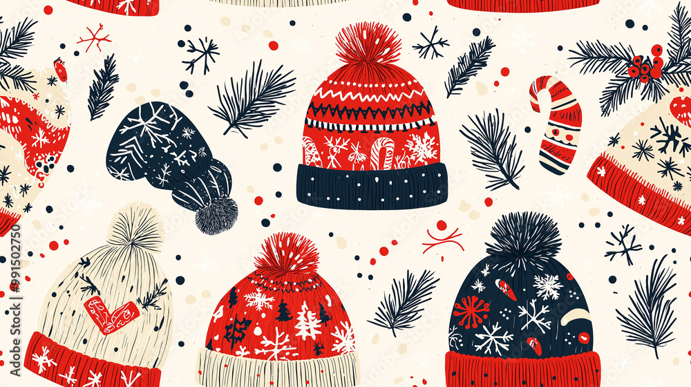 Design a seamless pattern of Christmas sweaters, hats, and scarves, with festive patterns and colors, evoking the coziness of winter Design a seamless pattern of Christmas sweaters, hats, and scarves, with festive patterns and colors, evoking the coziness of winter