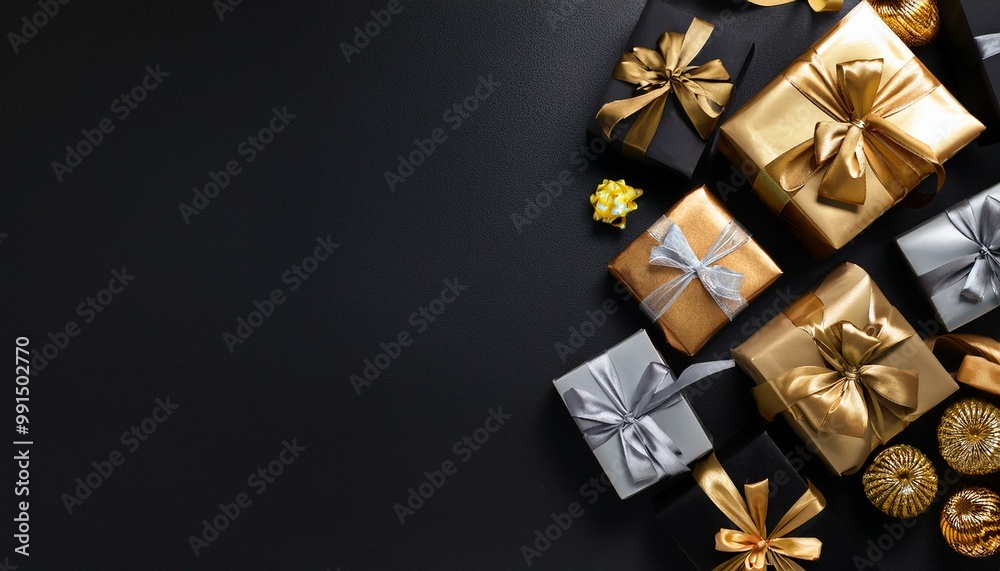 Black friday and cyber monday deals showcasing present bundles adorned with golden and silver ribbons on a dark background, perfect design for a marketing card with space for personalized message Black friday and cyber monday deals showcasing present bundles adorned with golden and silver ribbons on a dark background, perfect design for a marketing card with space for personalized message