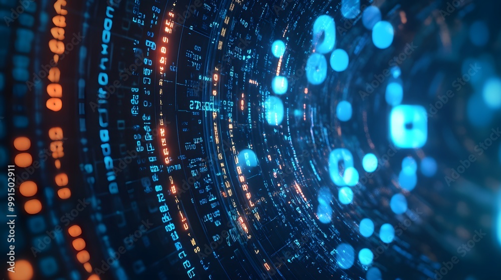 Abstract Digital Tunnel with Glowing Data and Blue Circles Abstract Digital Tunnel with Glowing Data and Blue Circles