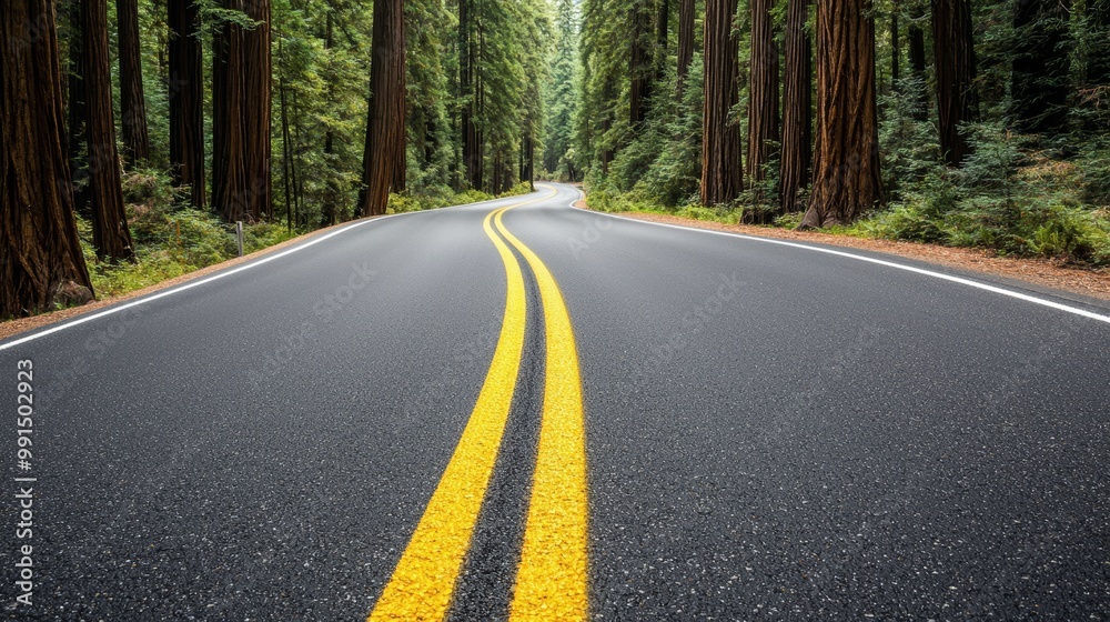 Fototapeta premium Ultra-realistic highway winding through towering redwoods, trees dwarfing the road, 8K resolution, crisp focus, lush forest scene with perfect detail, serene and majestic atmosphere