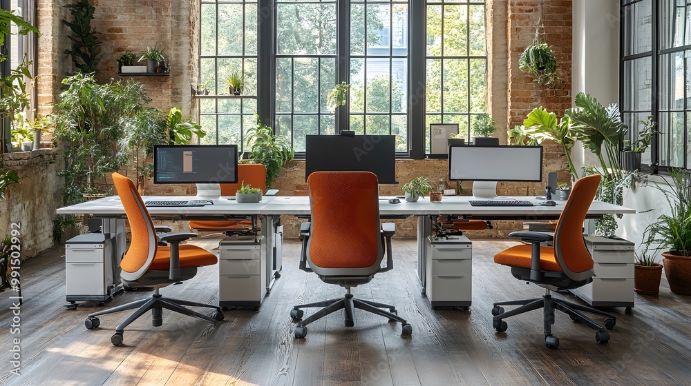 Open workspace with standing desks and collaborative spaces Open workspace with standing desks and collaborative spaces