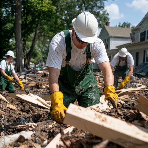 Volunteers cleaning up debris from the aftermath of a devastating flood