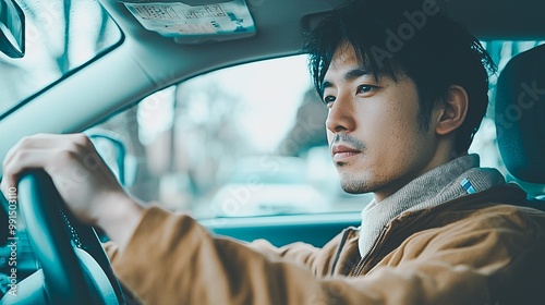 Contemplative Asian Man Focused on Driving a Car on an Urban Journey or Commute Reflection in Window