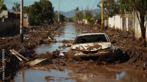 A mud-covered street with abandoned cars and debris after floodwaters receded