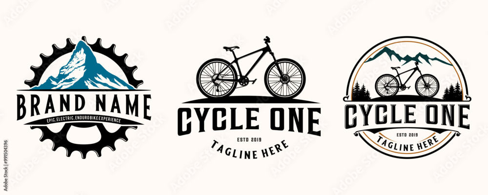 Obraz premium mountain bike emblem logo set. bicycle vector illustration, tree mountain, emblem